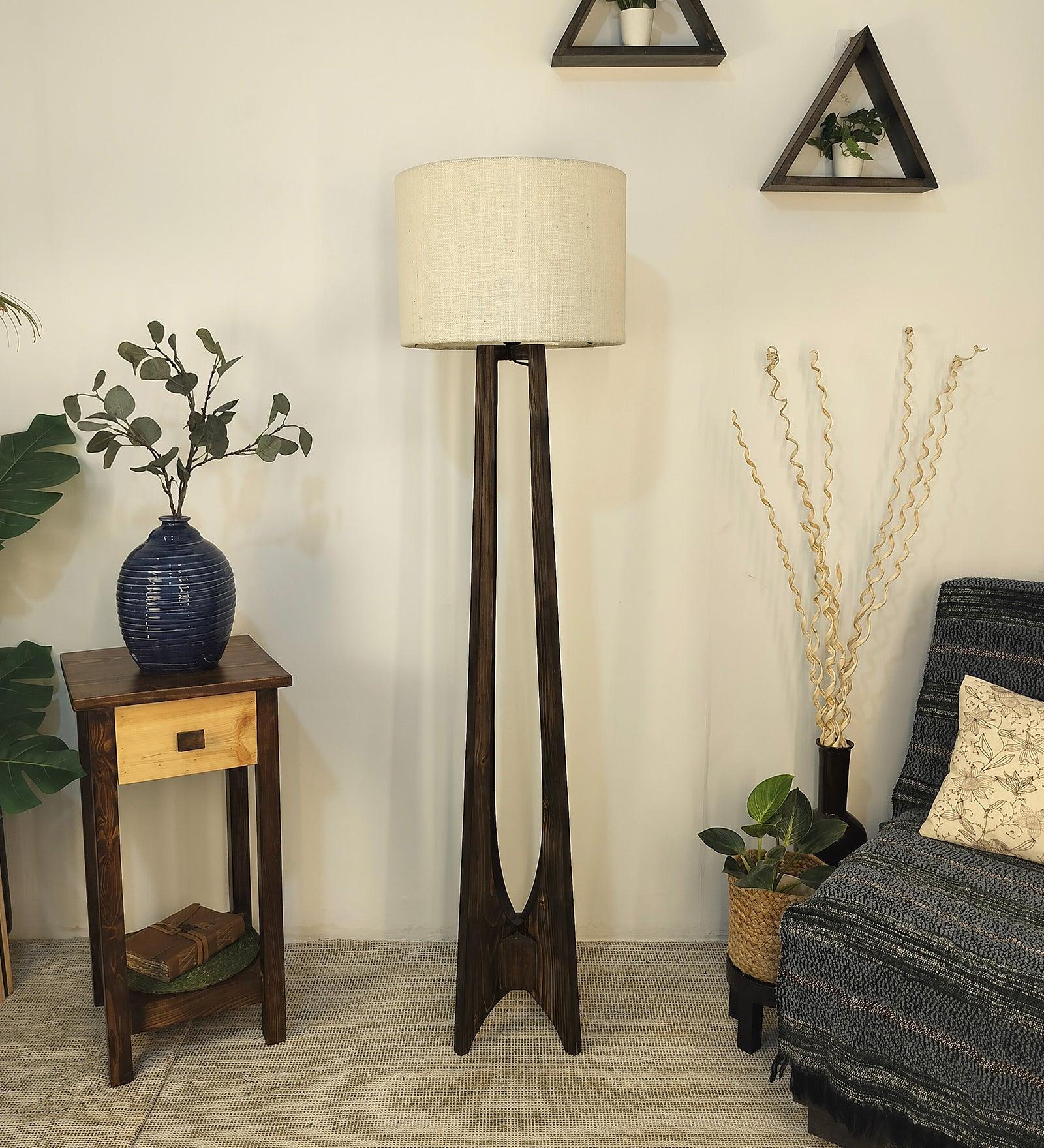 Camille Wooden Floor Lamp with Brown Base and Jute Fabric Lampshade - WoodenTwist