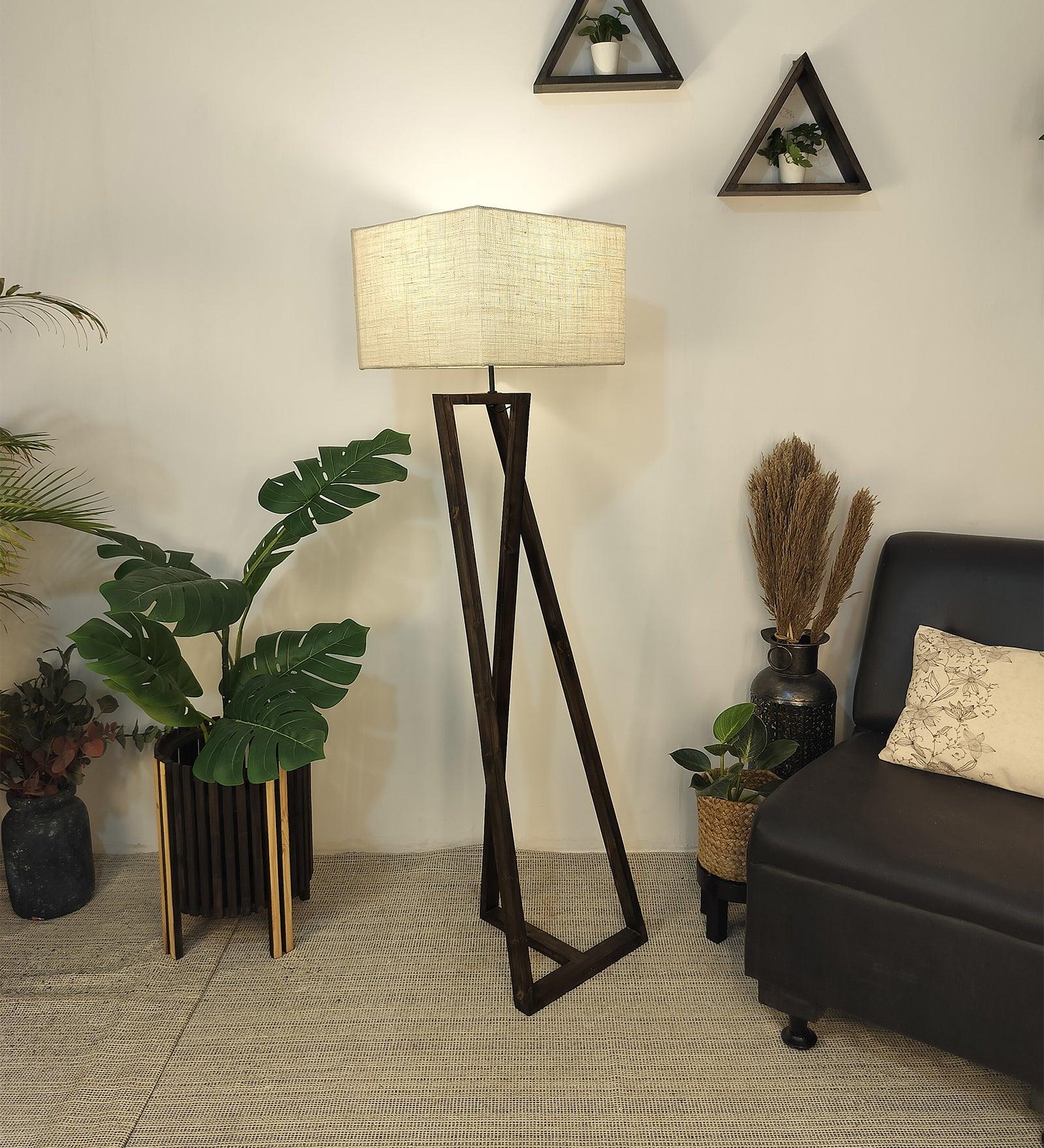 Catapult Wooden Floor Lamp with with Brown Base Premium Beige Fabric Lampshade - WoodenTwist