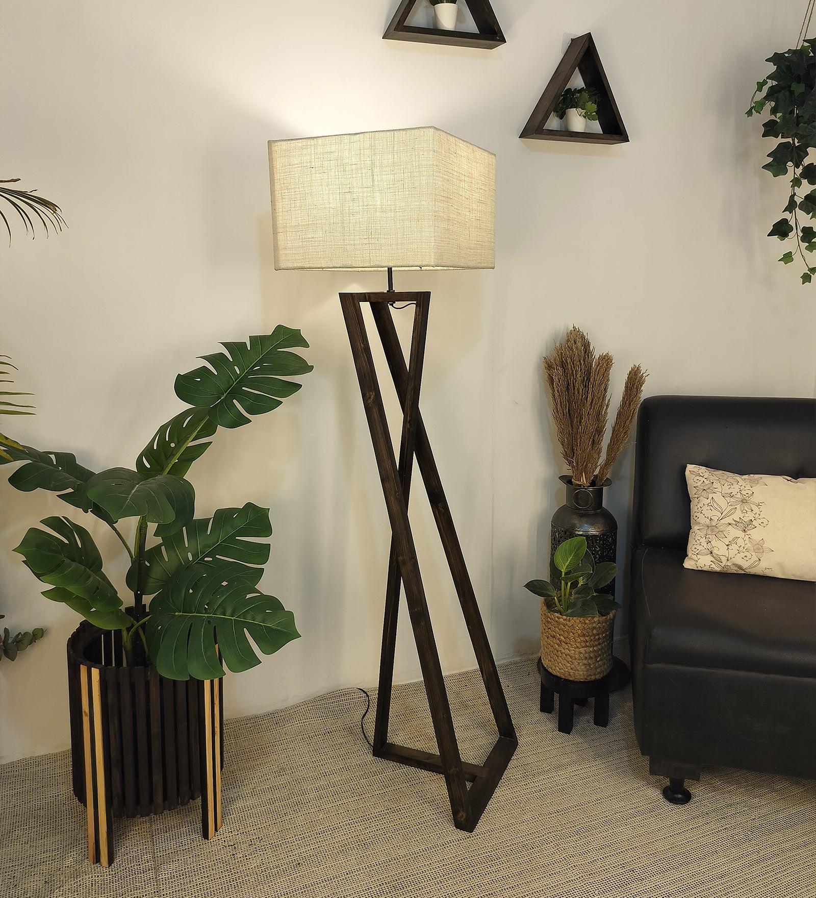 Catapult Wooden Floor Lamp with with Brown Base Premium Beige Fabric Lampshade - WoodenTwist