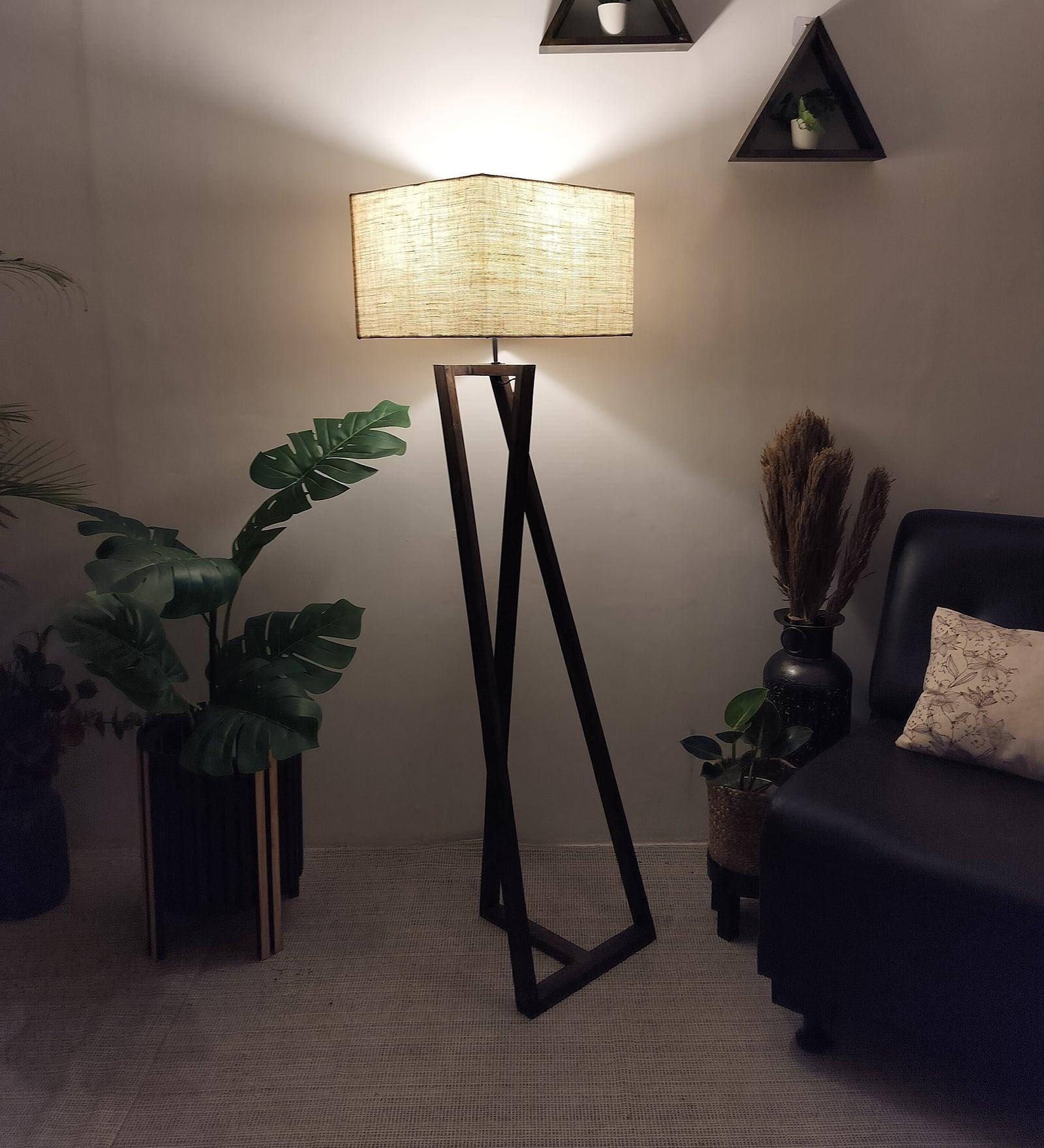 Catapult Wooden Floor Lamp with with Brown Base Premium Beige Fabric Lampshade - WoodenTwist