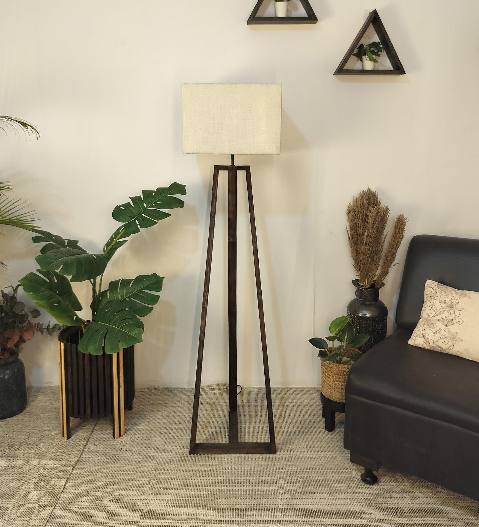 Catapult Wooden Floor Lamp with with Brown Base Premium Beige Fabric Lampshade - WoodenTwist