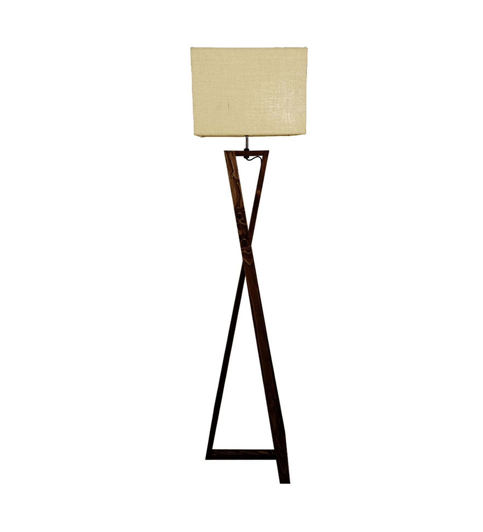 Catapult Wooden Floor Lamp with with Brown Base Premium Beige Fabric Lampshade - WoodenTwist