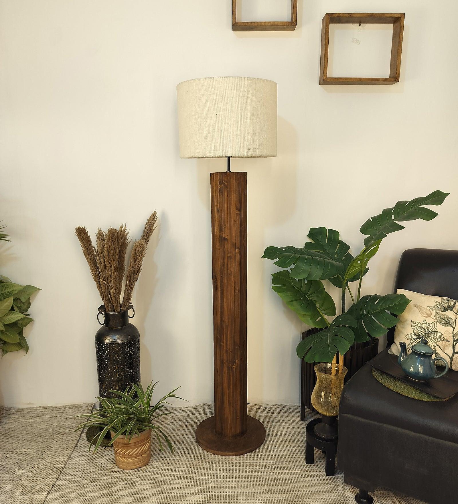 Cedar Wooden Floor Lamp with Premium Beige Fabric Lampshade - WoodenTwist