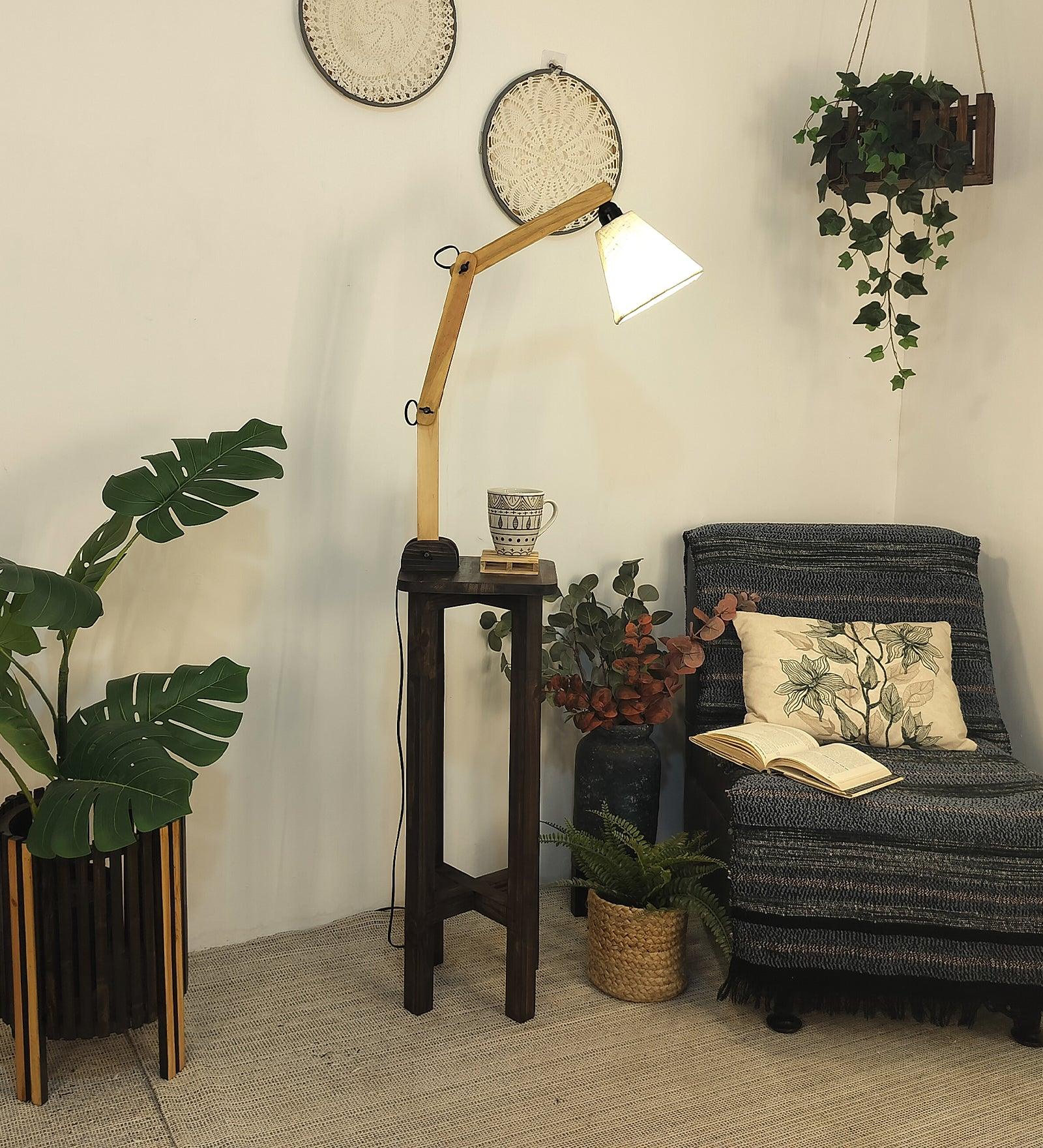 Centaur Wooden Floor Lamp with Beige Fabric Lampshade - WoodenTwist