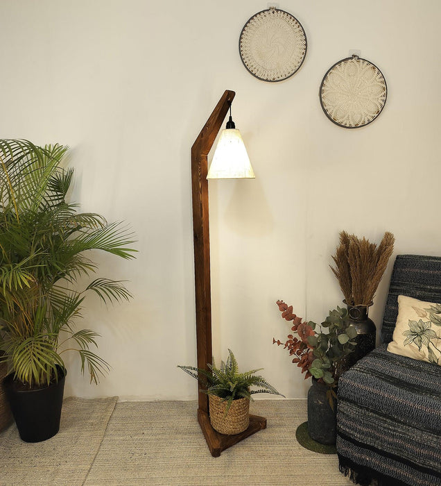 Charles Wooden Floor Lamp with Brown Base and Jute Fabric Lampshade - WoodenTwist