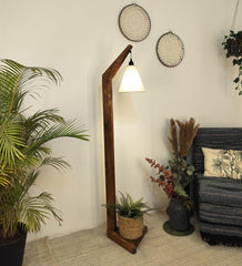 Charles Wooden Floor Lamp with Brown Base and Jute Fabric Lampshade - WoodenTwist