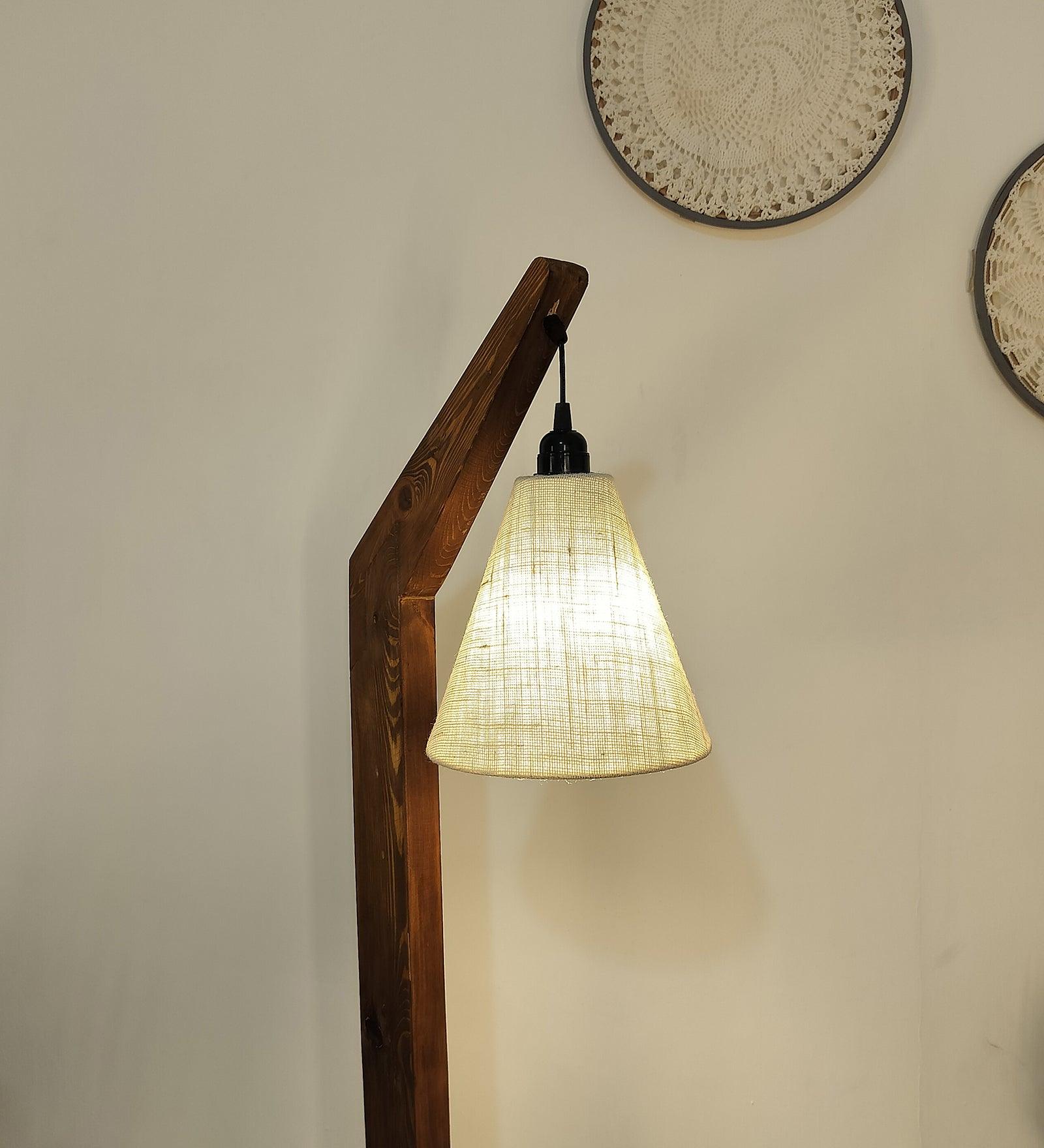 Charles Wooden Floor Lamp with Brown Base and Jute Fabric Lampshade - WoodenTwist