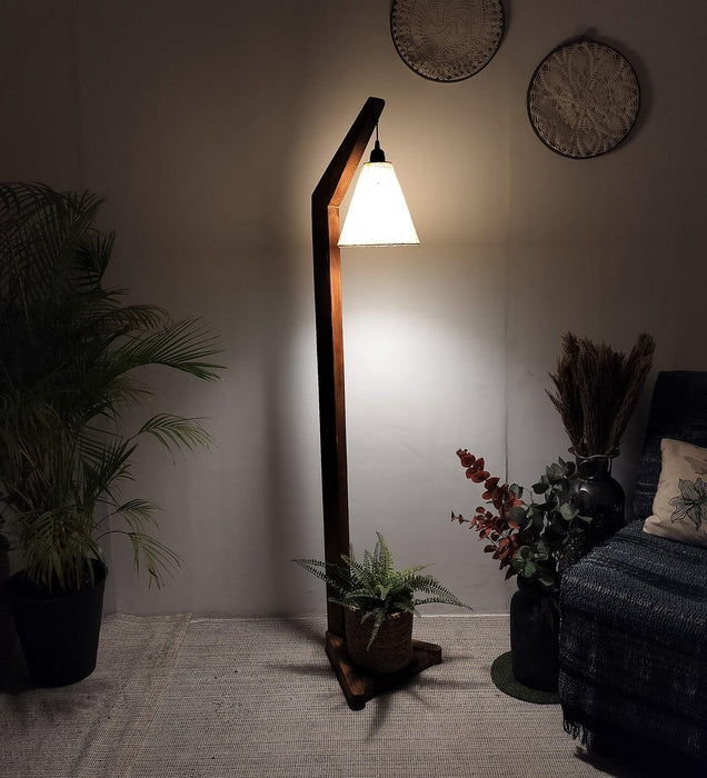 Charles Wooden Floor Lamp with Brown Base and Jute Fabric Lampshade - WoodenTwist