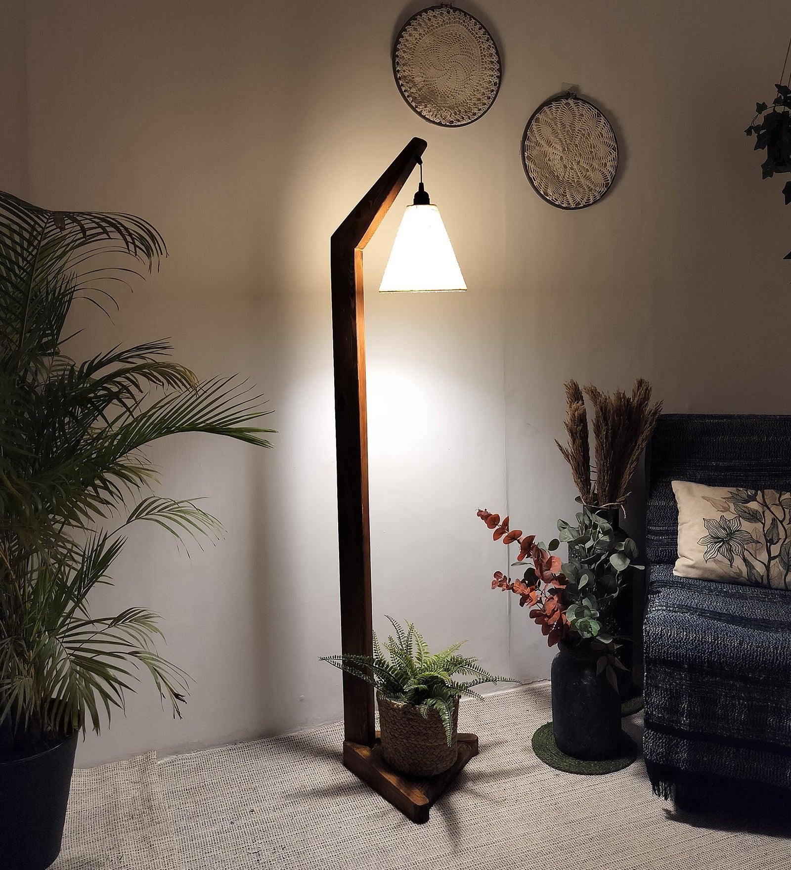 Charles Wooden Floor Lamp with Brown Base and Jute Fabric Lampshade - WoodenTwist