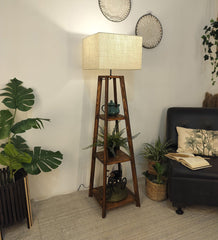 Charlotte Wooden Floor Lamp with Brown Base and Jute Fabric Lampshade - WoodenTwist