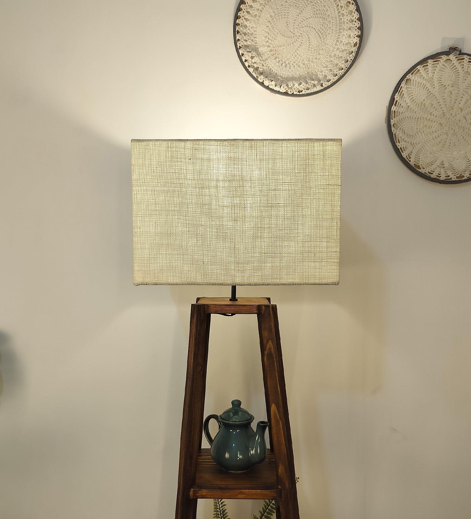 Charlotte Wooden Floor Lamp with Brown Base and Jute Fabric Lampshade - WoodenTwist