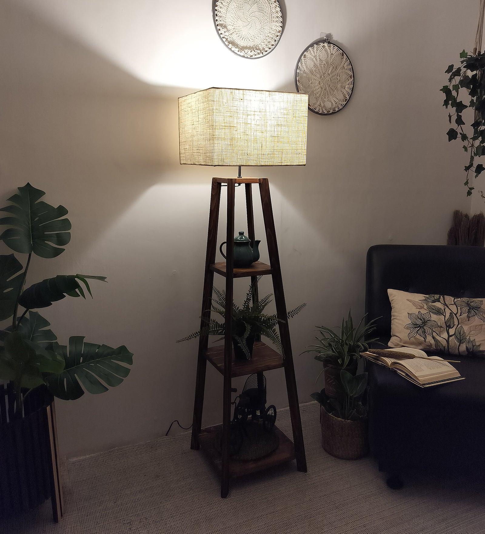 Charlotte Wooden Floor Lamp with Brown Base and Jute Fabric Lampshade - WoodenTwist