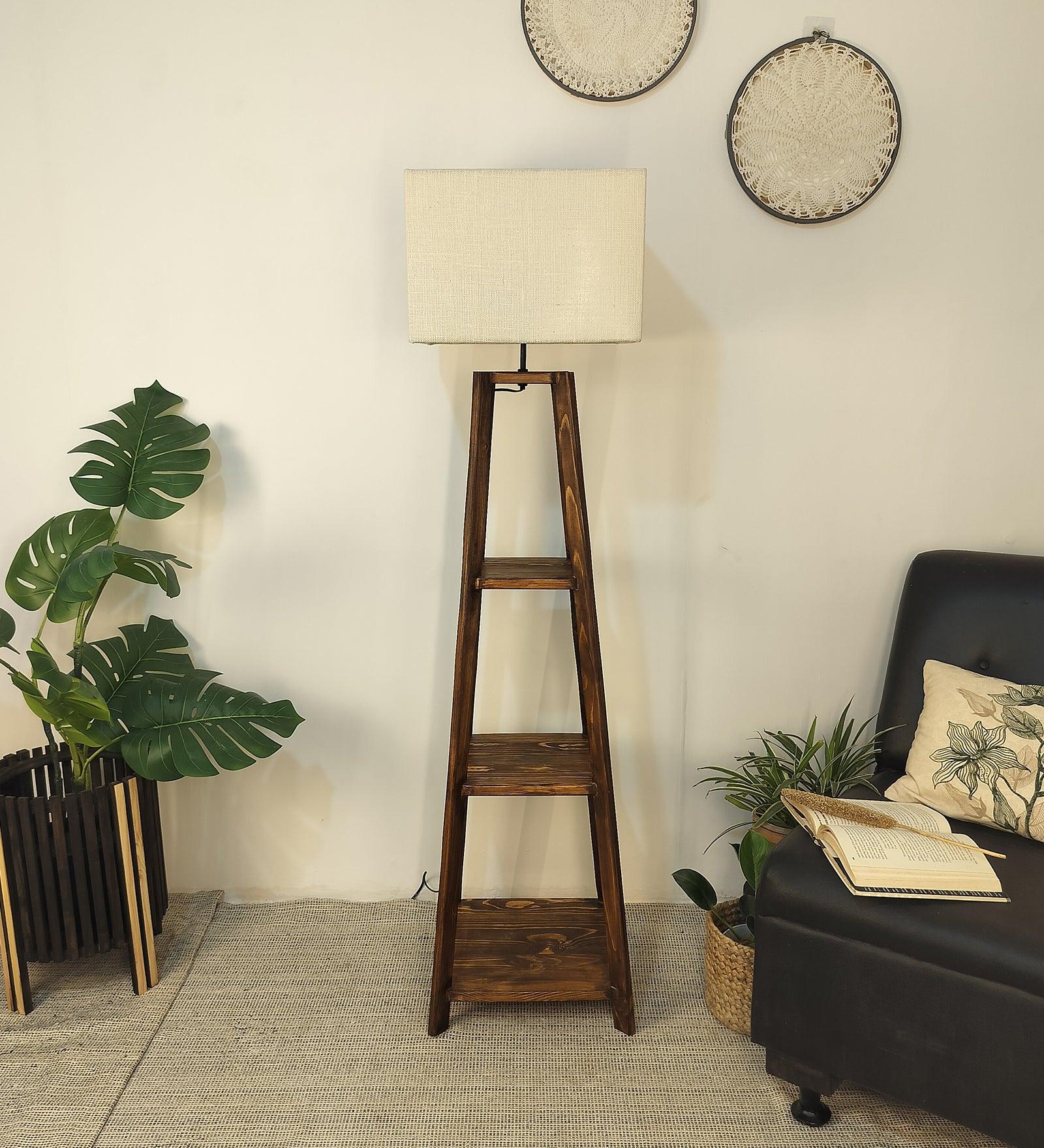 Charlotte Wooden Floor Lamp with Brown Base and Jute Fabric Lampshade - WoodenTwist