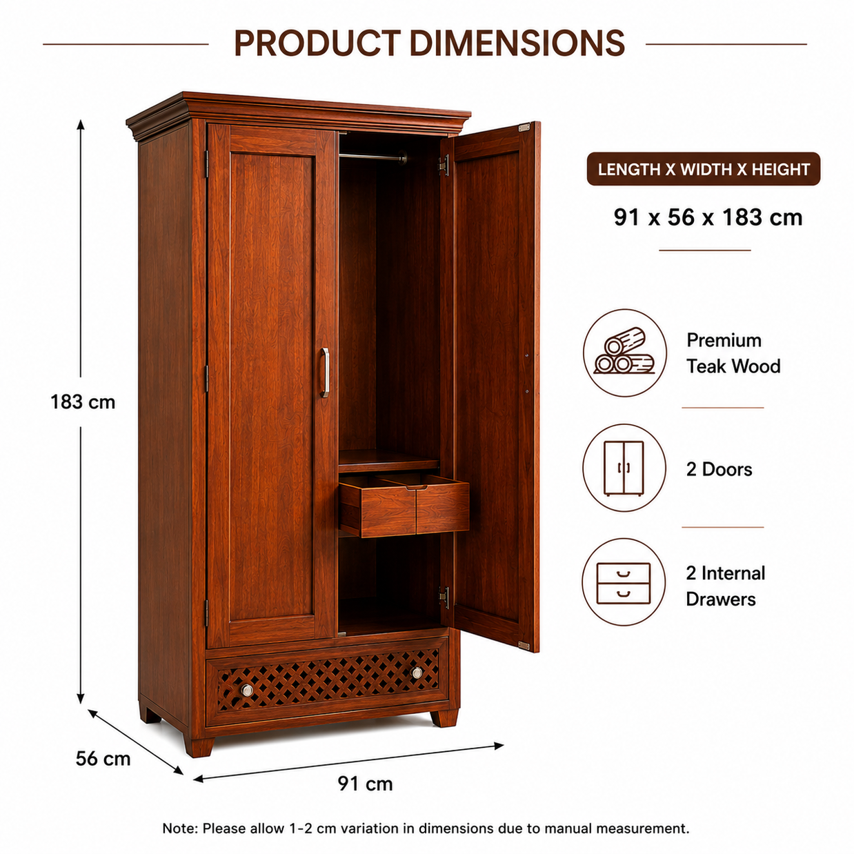 Wooden Twist Madera Solid Teak Wood 2 Door Wardrobe - WoodenTwist