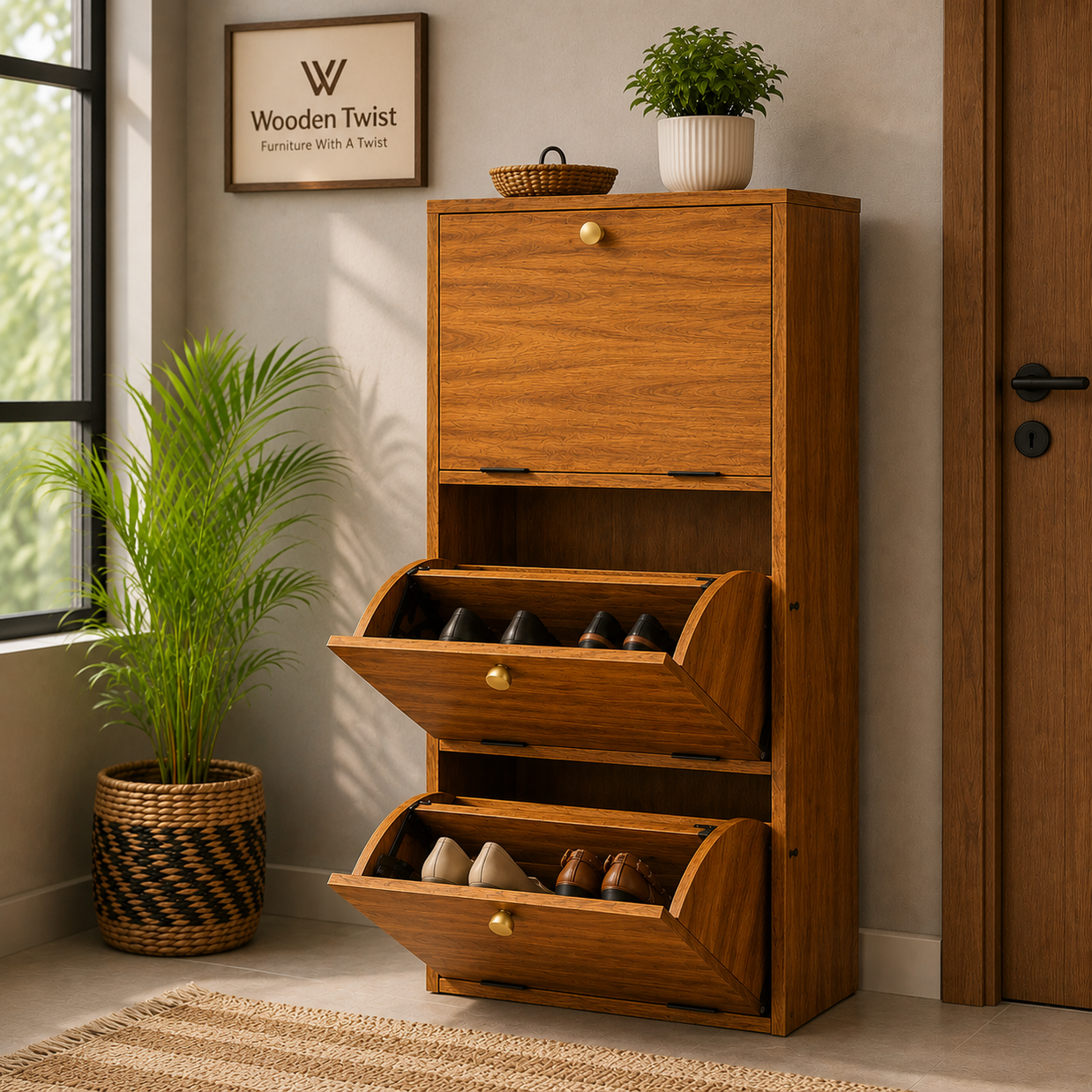 Abierta Wooden Handmade Solid Sheesham Wood Shoe Rack - WoodenTwist