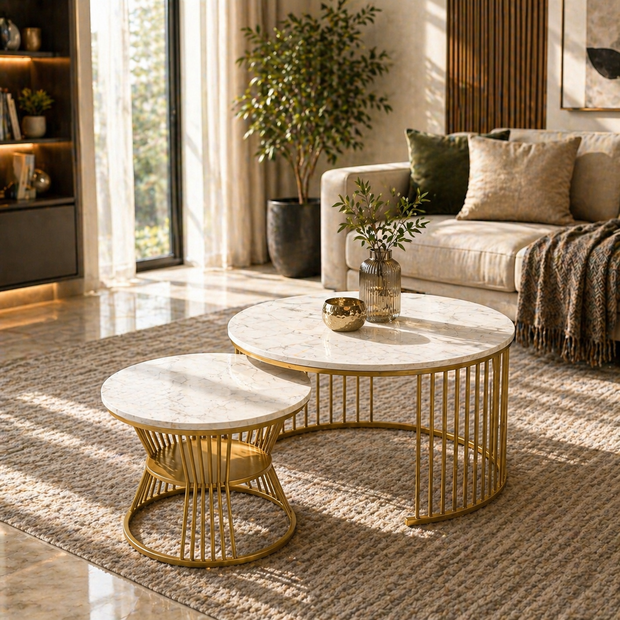 Wooden Twist Stylish Look Round Wrought Iron Coffee Table Set of 2 - WoodenTwist