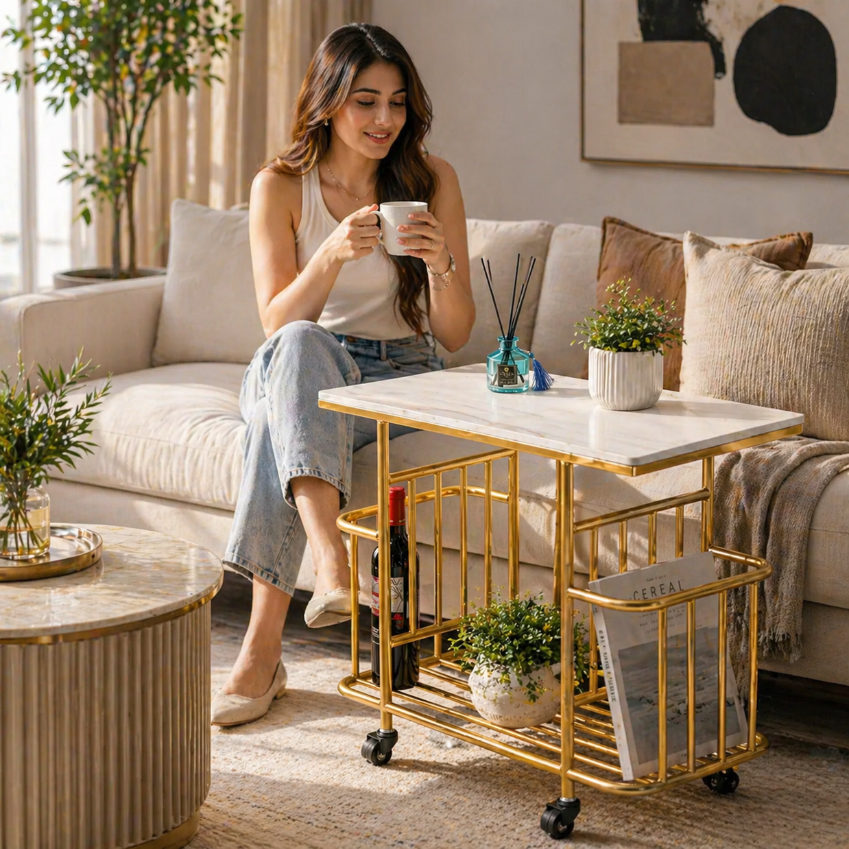 Wooden Twist Modern Multipurpose Serving Trolley with Storage Rack & Wheels - Gold & Black Metal Frame with White & Black lam