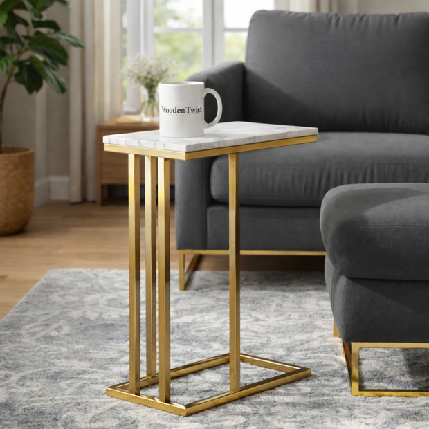 Wooden Twist Modern Golden Side Table with White Marble Finish  Laminated Top for Living Room - WoodenTwist