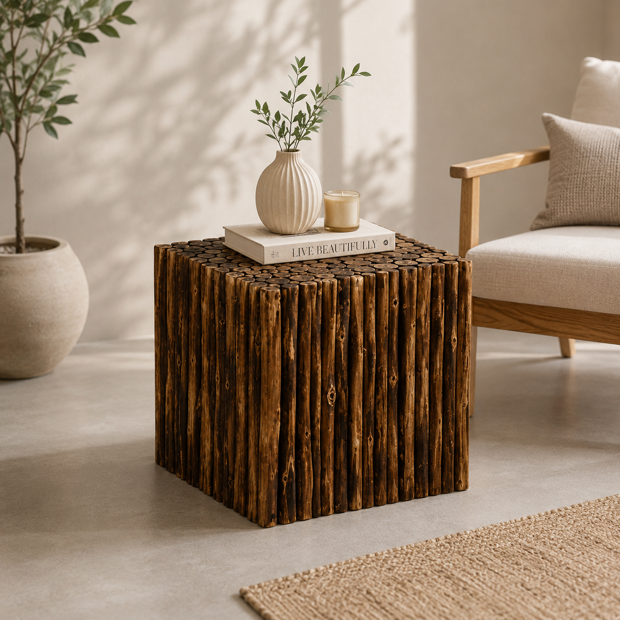 Wooden Square Shape Stool Cum Table, angled view
