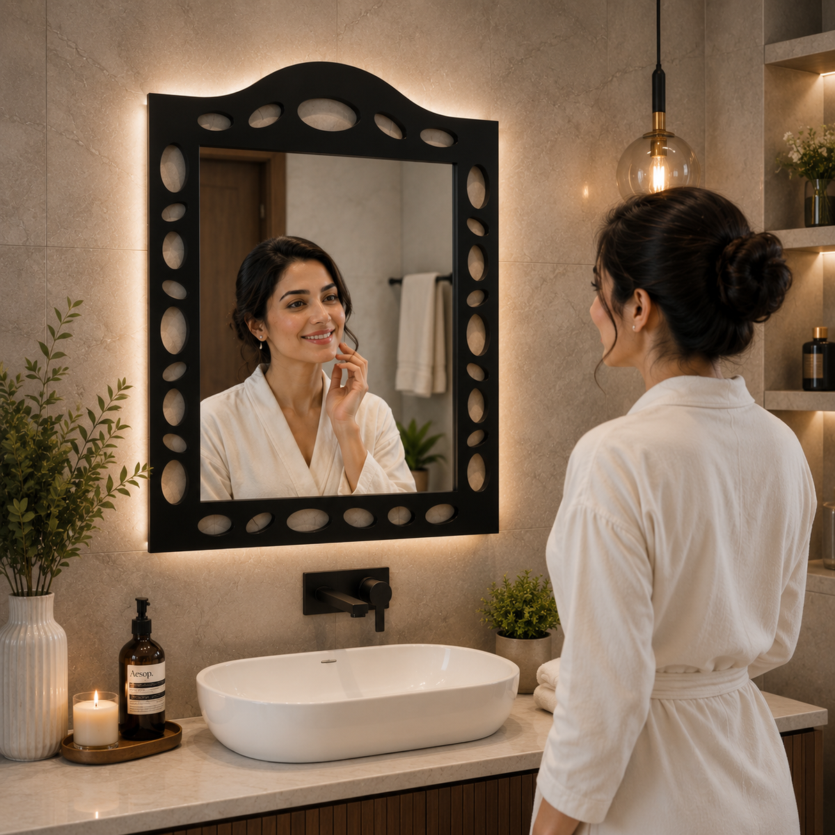 A Large Black Mirror With Antique Character
