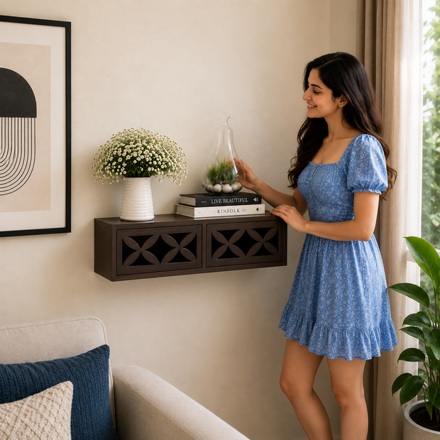 Exclusively Launched Engineered Wood Wall Shelf with Drawer - WoodenTwist