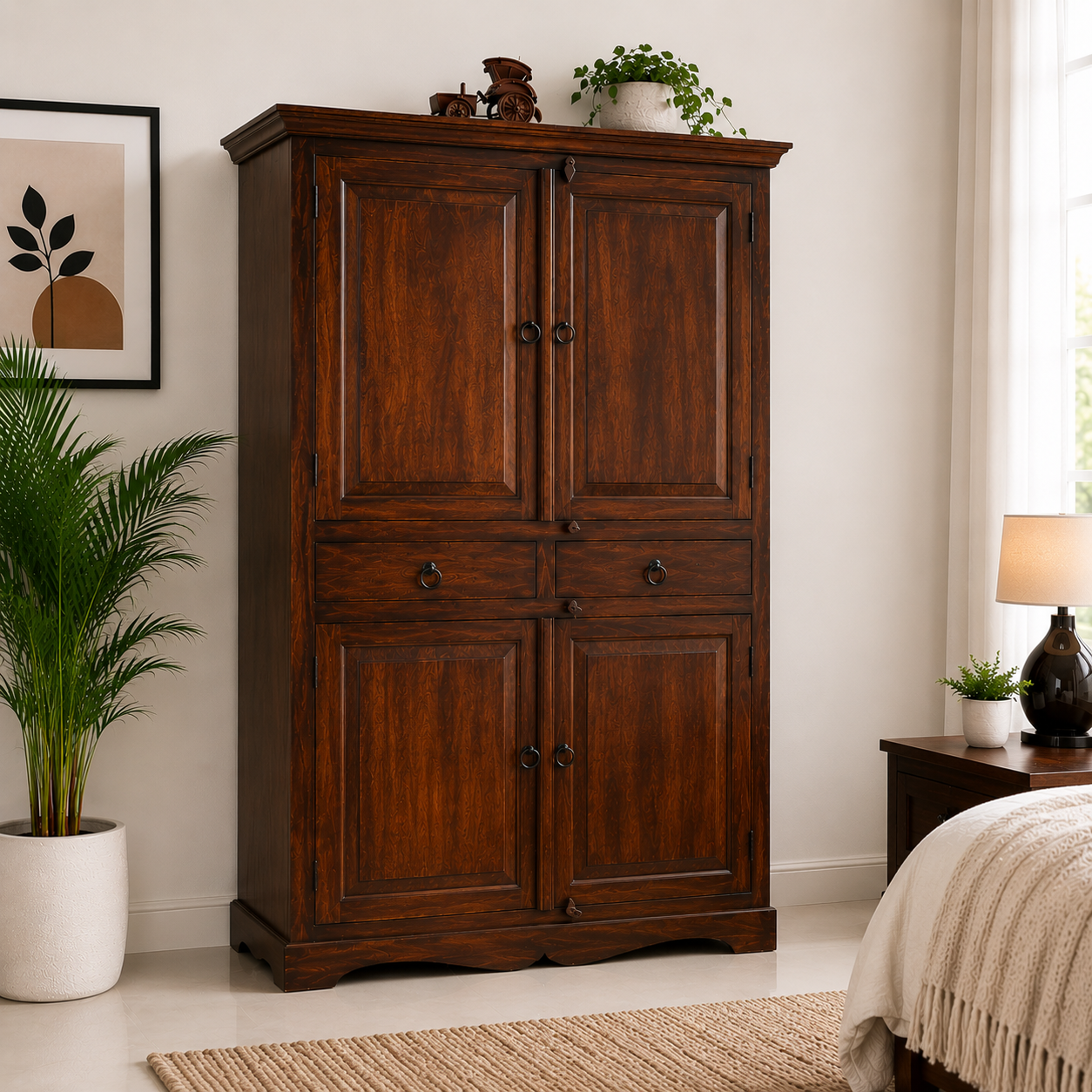 Selten Solid Teak Wood 4 Door Wardrobe - WoodenTwist