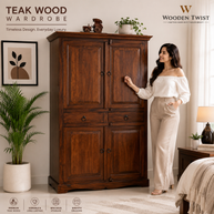 Selten Solid Teak Wood 4 Door Wardrobe - WoodenTwist