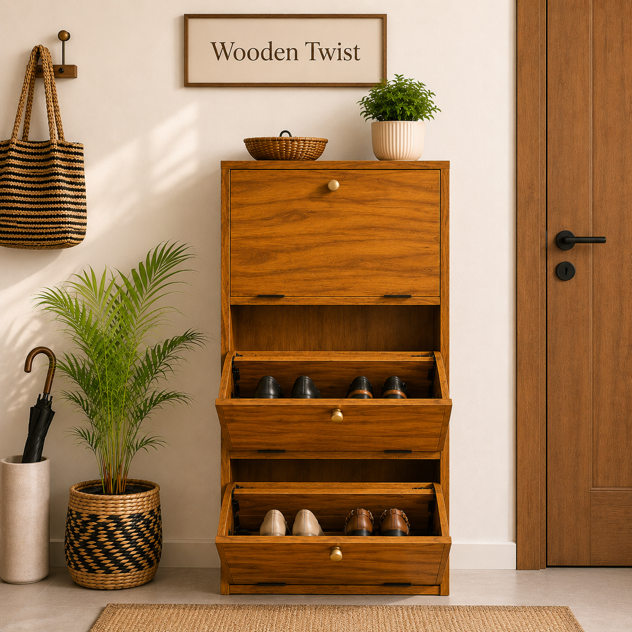 Abierta Wooden Handmade Solid Sheesham Wood Shoe Rack - WoodenTwist