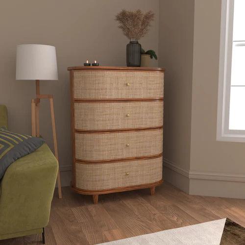 Rosewood chest of 4 drawers with rattan accents