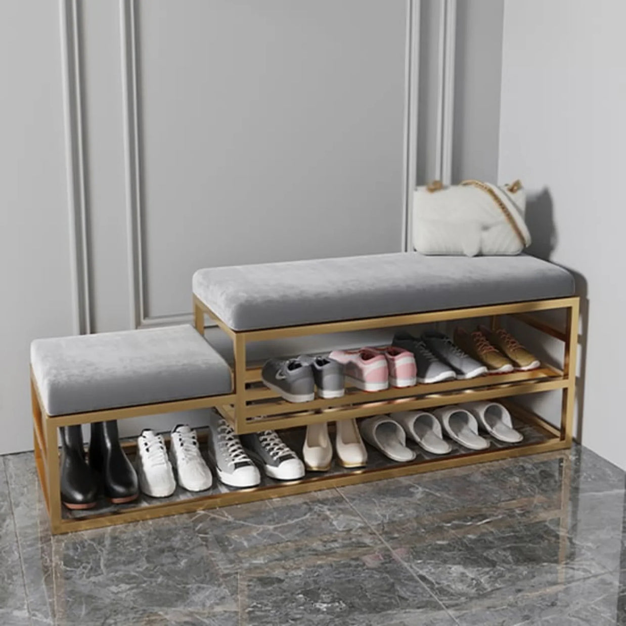 Chic hallway bench with gold metal frame