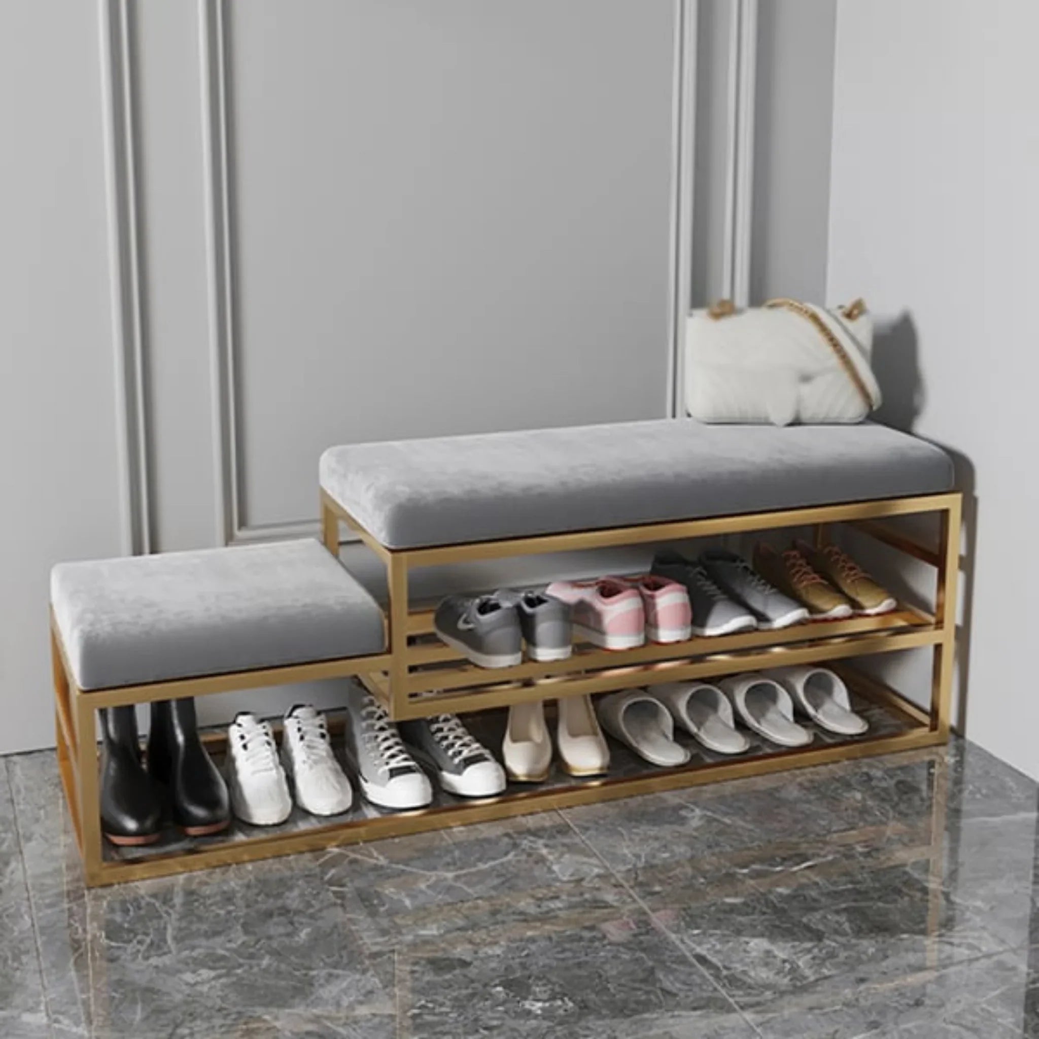 Chic hallway bench with gold metal frame