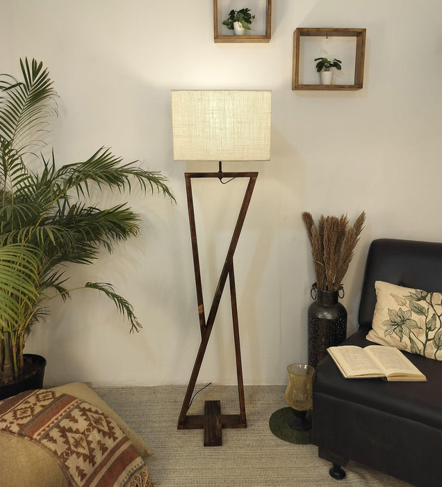 Chloe Wooden Floor Lamp with Brown Base and Jute Fabric Lampshade - WoodenTwist