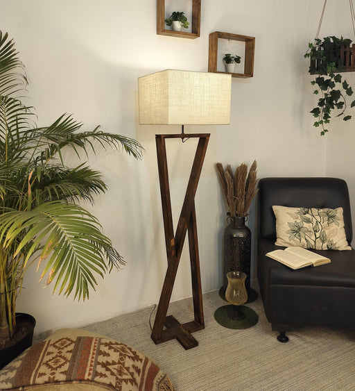 Chloe Wooden Floor Lamp with Brown Base and Jute Fabric Lampshade - WoodenTwist