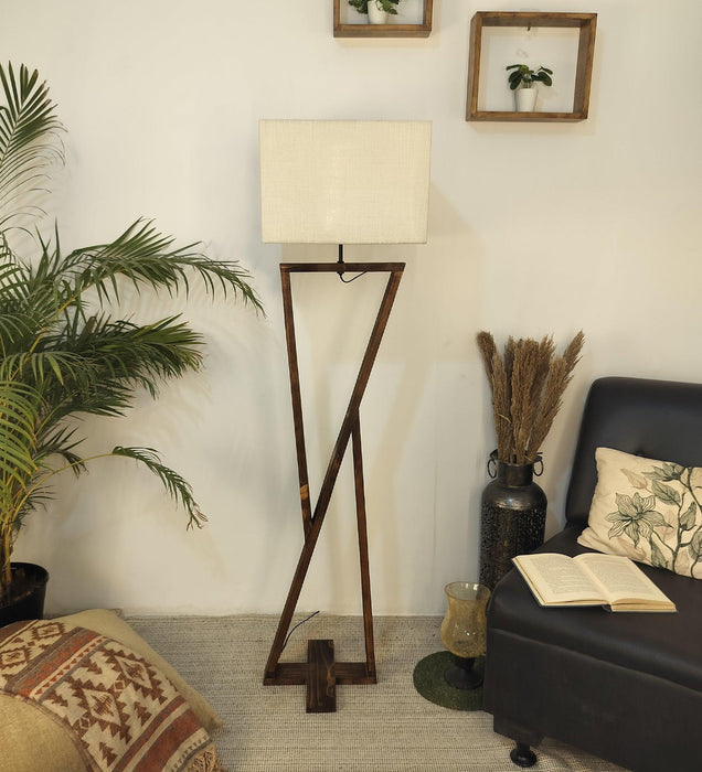 Chloe Wooden Floor Lamp with Brown Base and Jute Fabric Lampshade - WoodenTwist