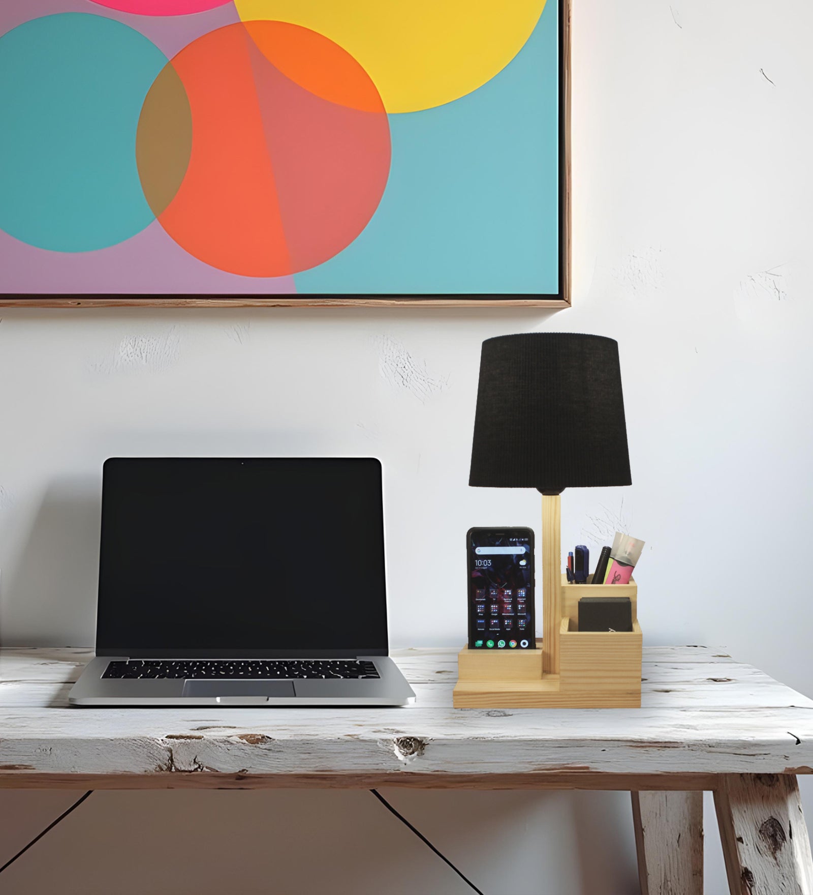 Classic Wooden Table Lamp With Black Fabric Lampshade and Mobile Stand