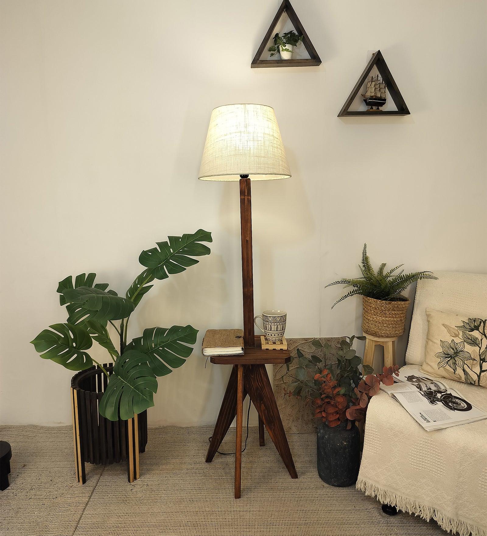 Claude Wooden Floor Lamp with Brown Base and Jute Fabric Lampshade - WoodenTwist