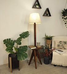 Claude Wooden Floor Lamp with Brown Base and Jute Fabric Lampshade - WoodenTwist