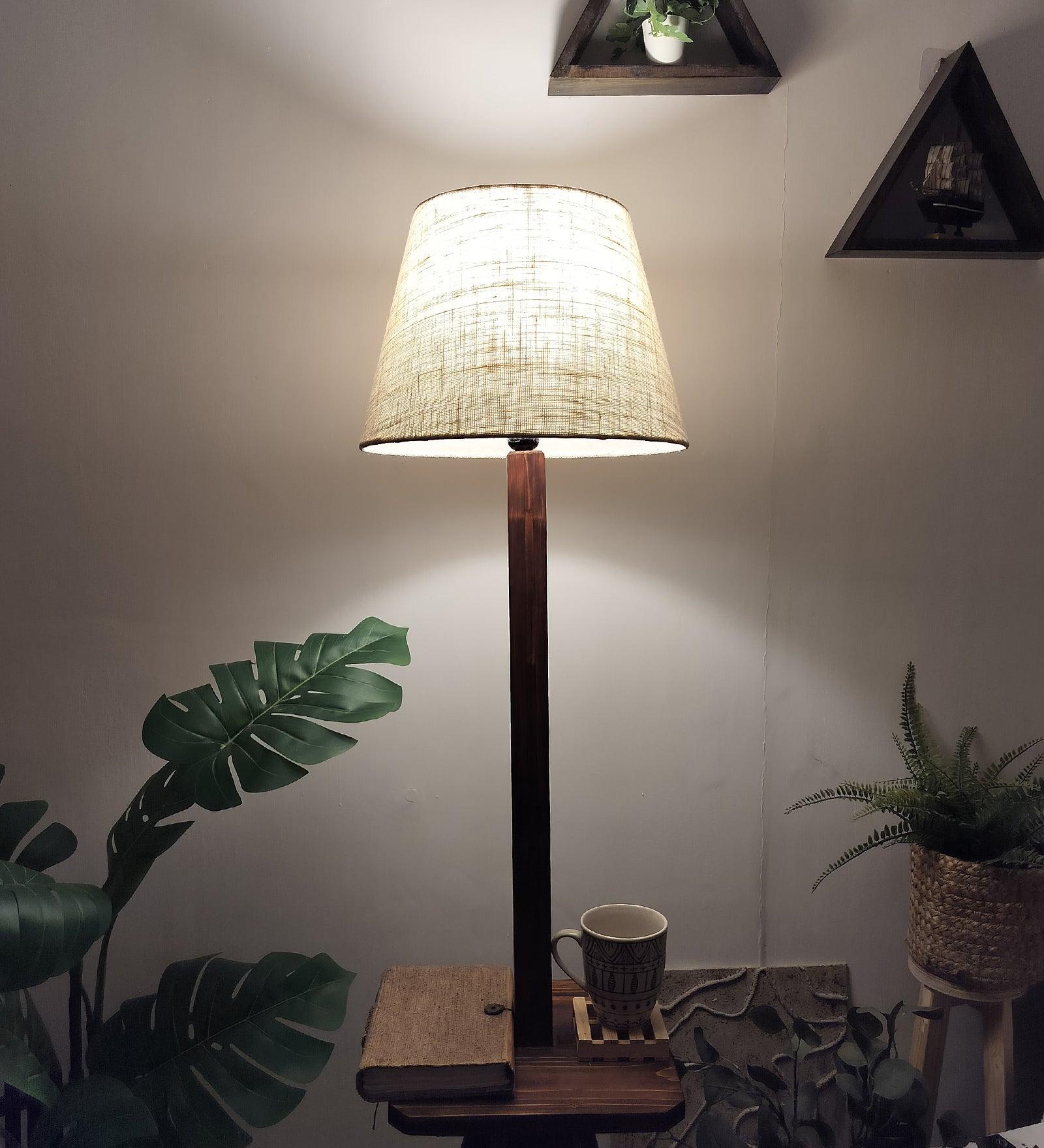 Claude Wooden Floor Lamp with Brown Base and Jute Fabric Lampshade - WoodenTwist