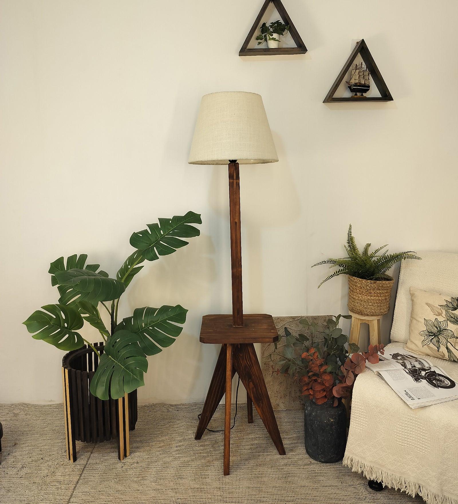 Claude Wooden Floor Lamp with Brown Base and Jute Fabric Lampshade - WoodenTwist