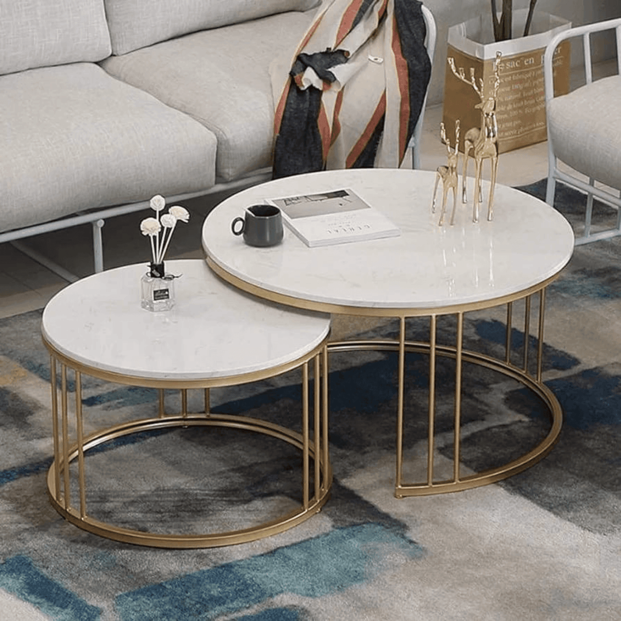 Wooden Twist Stylish Look Center Nesting Wrought Iron Round Coffee Table White Marble Finish Laminated Top (Set of 2) - WoodenTwist