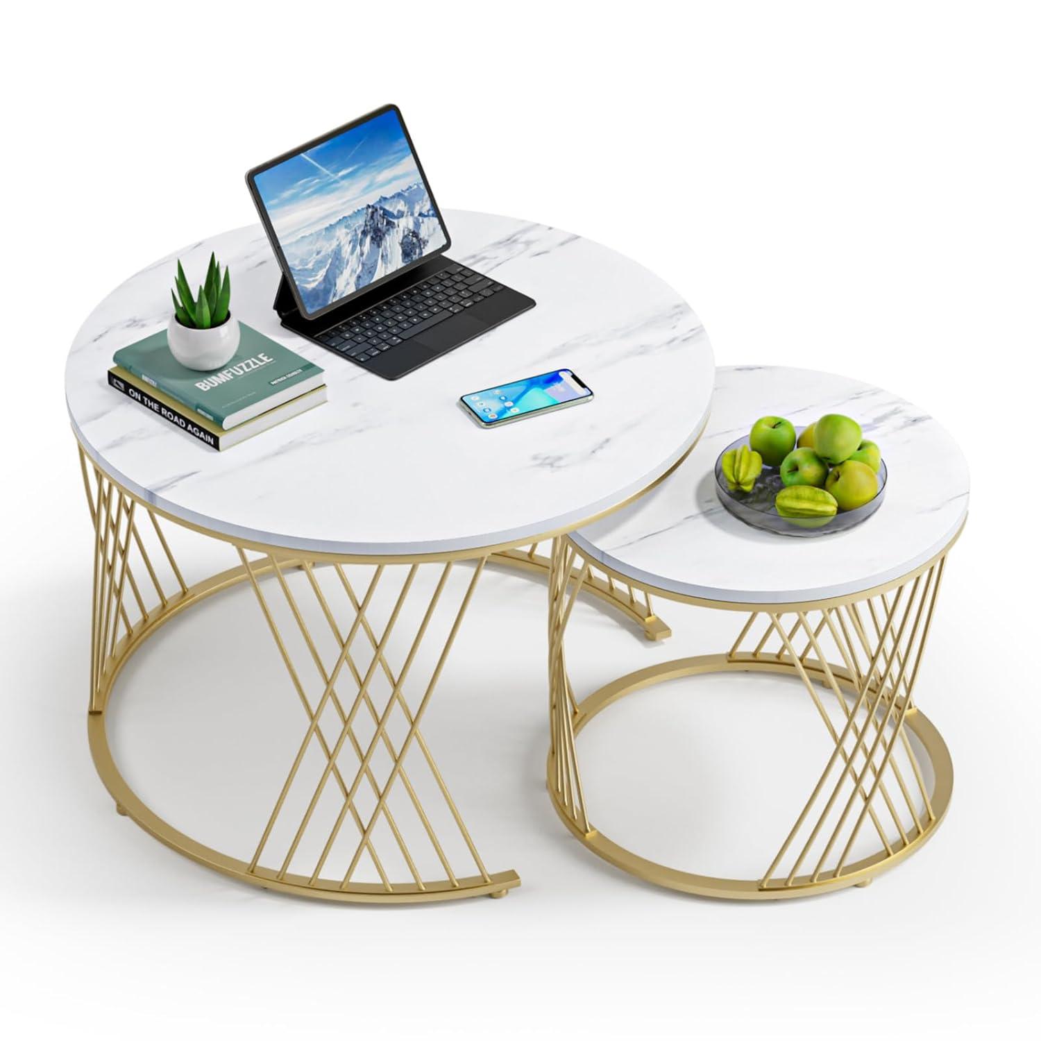Wooden Twist Smudge Cross Design Round Coffee Table Set of 2 with Marble Top-Like Finish - WoodenTwist