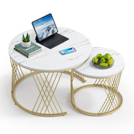 Wooden Twist Smudge Cross Design Round Coffee Table Set of 2 with Marble Top-Like Finish - WoodenTwist