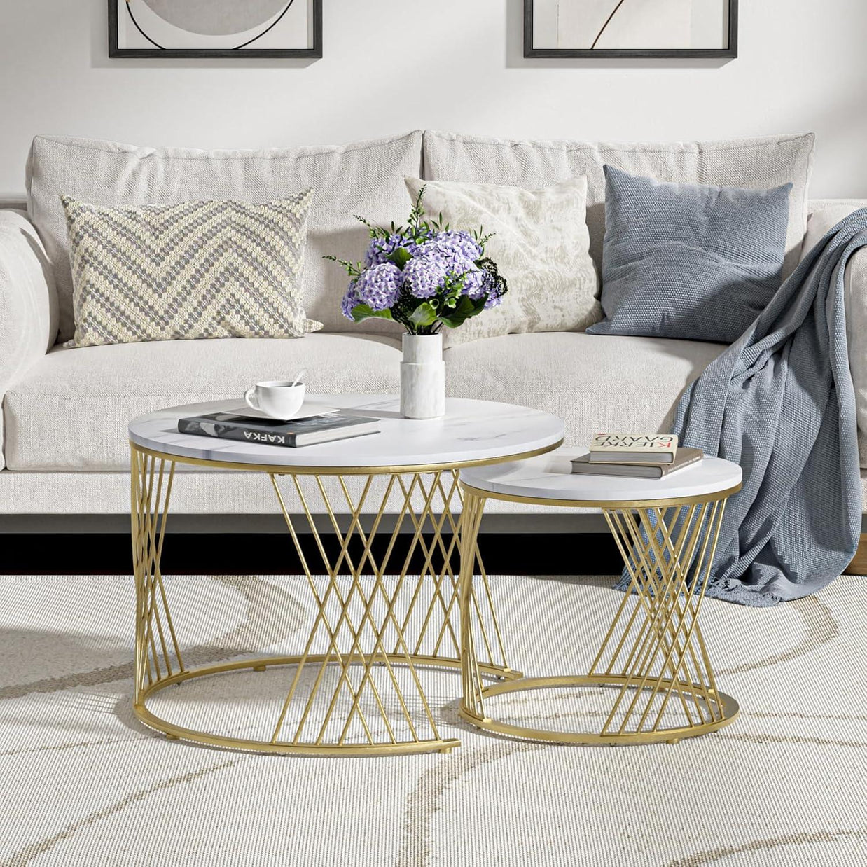 Wooden Twist Smudge Cross Design Round Coffee Table Set of 2 with Marble Top-Like Finish - WoodenTwist