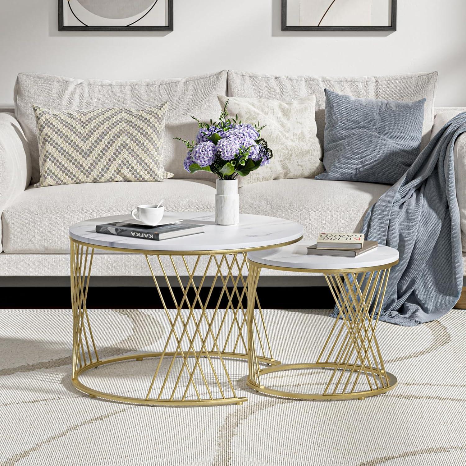 Wooden Twist Smudge Cross Design Round Coffee Table Set of 2 with Marble Top-Like Finish - WoodenTwist