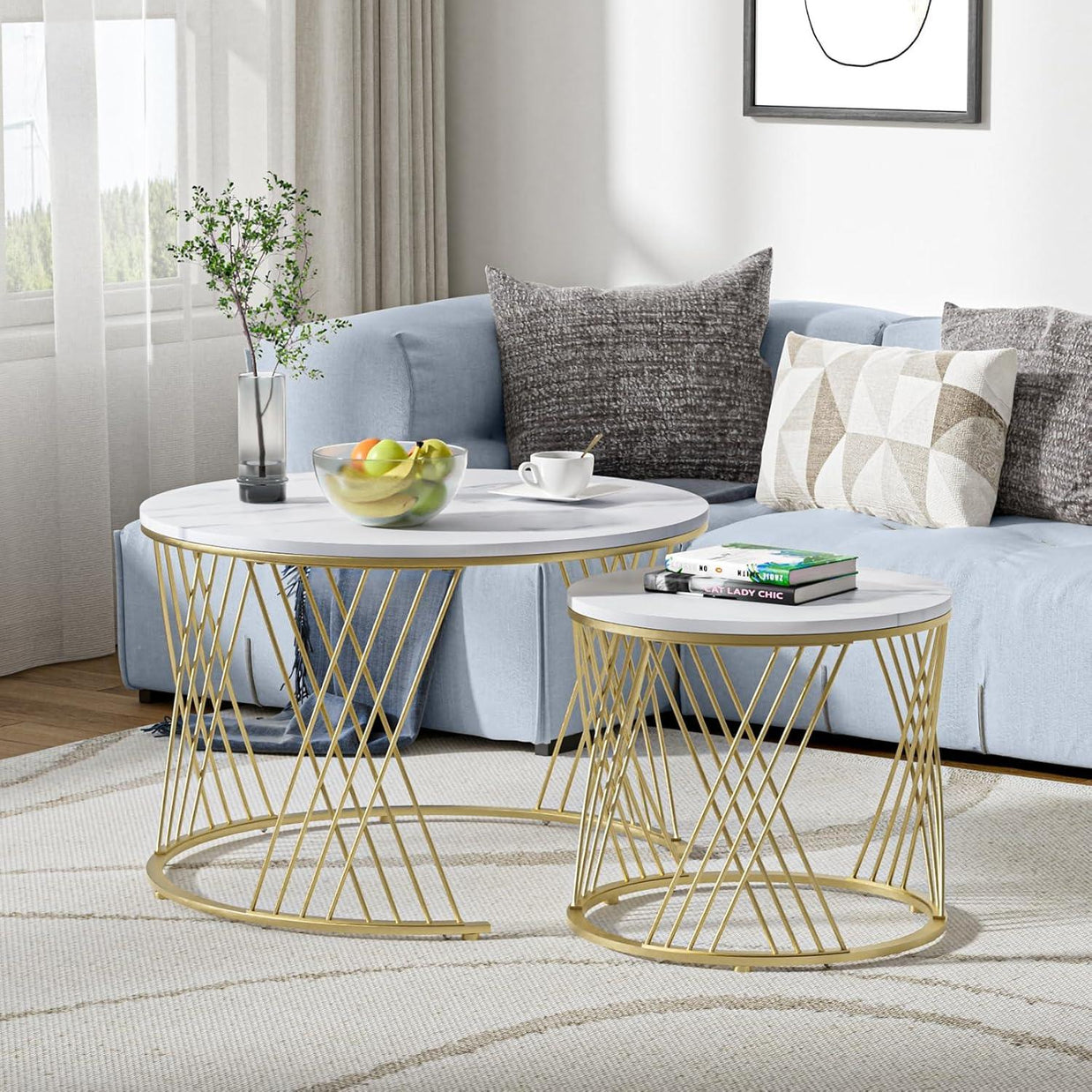 Wooden Twist Smudge Cross Design Round Coffee Table Set of 2 with Marble Top-Like Finish - WoodenTwist