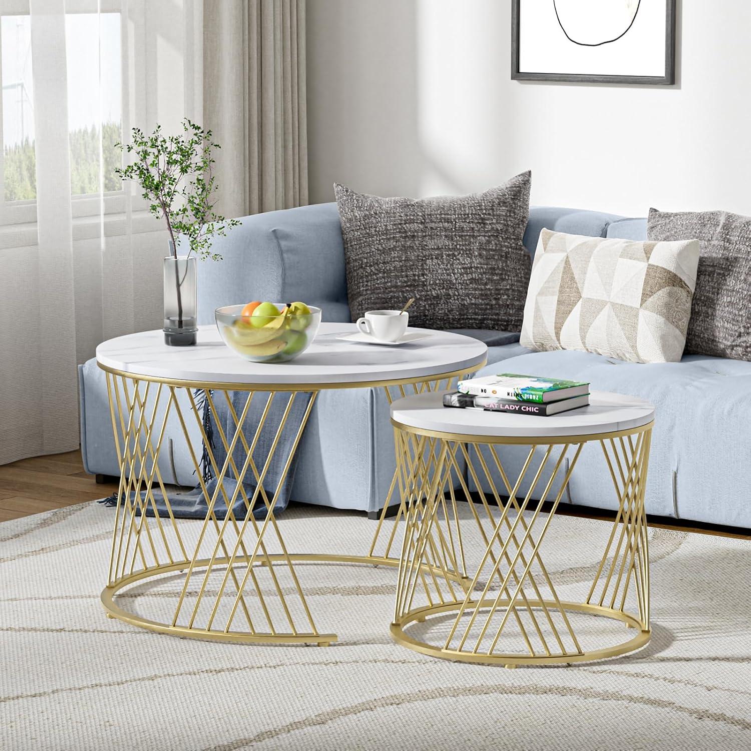 Wooden Twist Smudge Cross Design Round Coffee Table Set of 2 with Marble Top-Like Finish - WoodenTwist