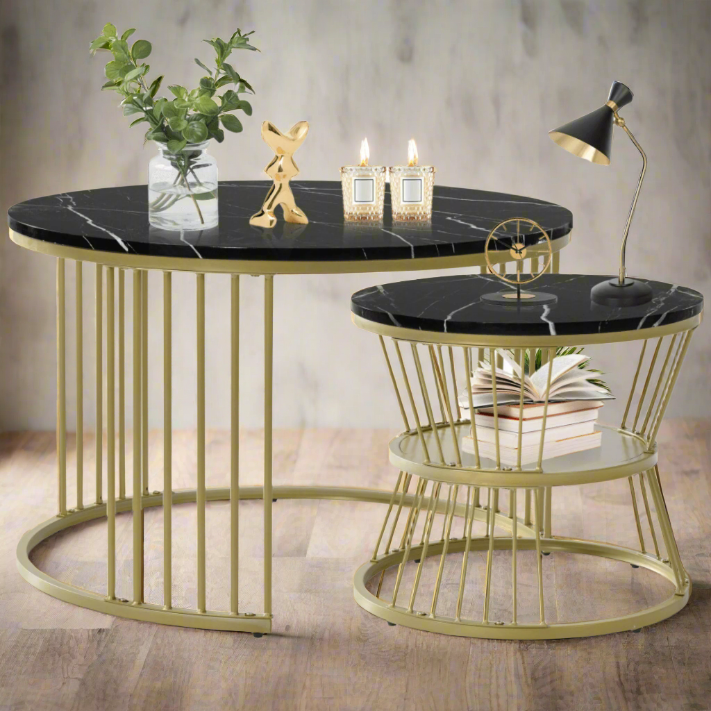 Wooden Twist Stylish Look Round Wrought Iron Coffee Table Set of 2