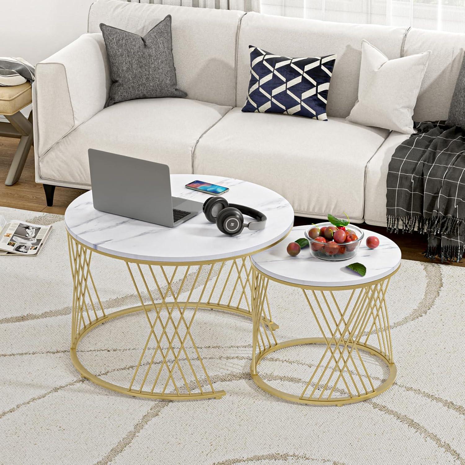 Wooden Twist Smudge Cross Design Round Coffee Table Set of 2 with Marble Top-Like Finish - WoodenTwist