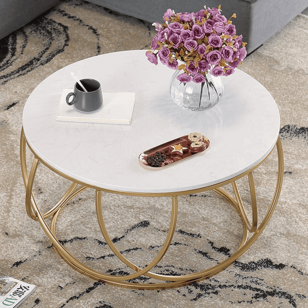 Wooden Twist Gilded Globe Design Round Coffee Table with Marble Top-Like Finish - WoodenTwist