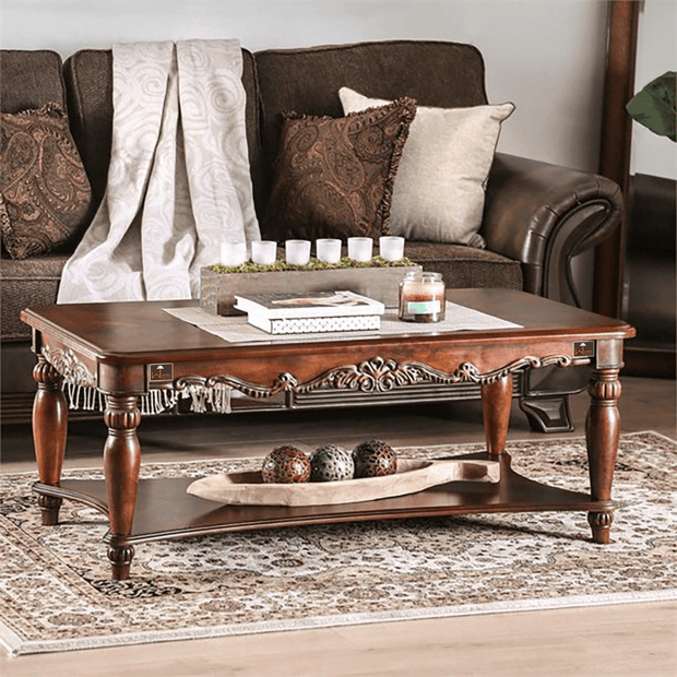 Teak Wood Hand Carved Rectangular Coffee Table - Living Room Setting